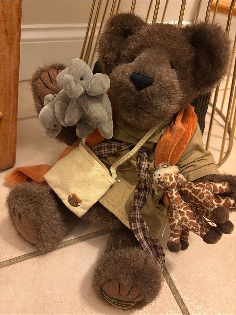 Boyds Bears Brown Teddy Bear with Safari Outfit and Plush Giraffe & Elephants